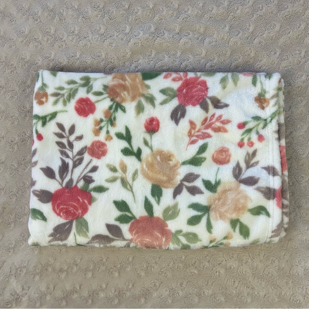 Ava Olivia Floral Baby Blanket Pink White Green Flowers Roses Soft Plush Lovey